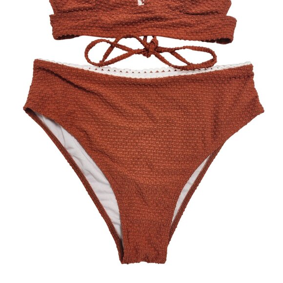 Zaful Rust Textured Bikini Set Lace Trim High-Waisted Bottoms Tie-Back Top Size - Picture 4 of 6